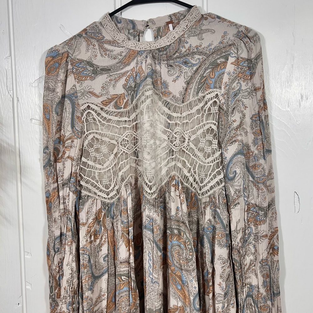 Free People Sweet Thing Paisley Muted Crochet Tunic Top Mini Dress | XS - Picture 4 of 10